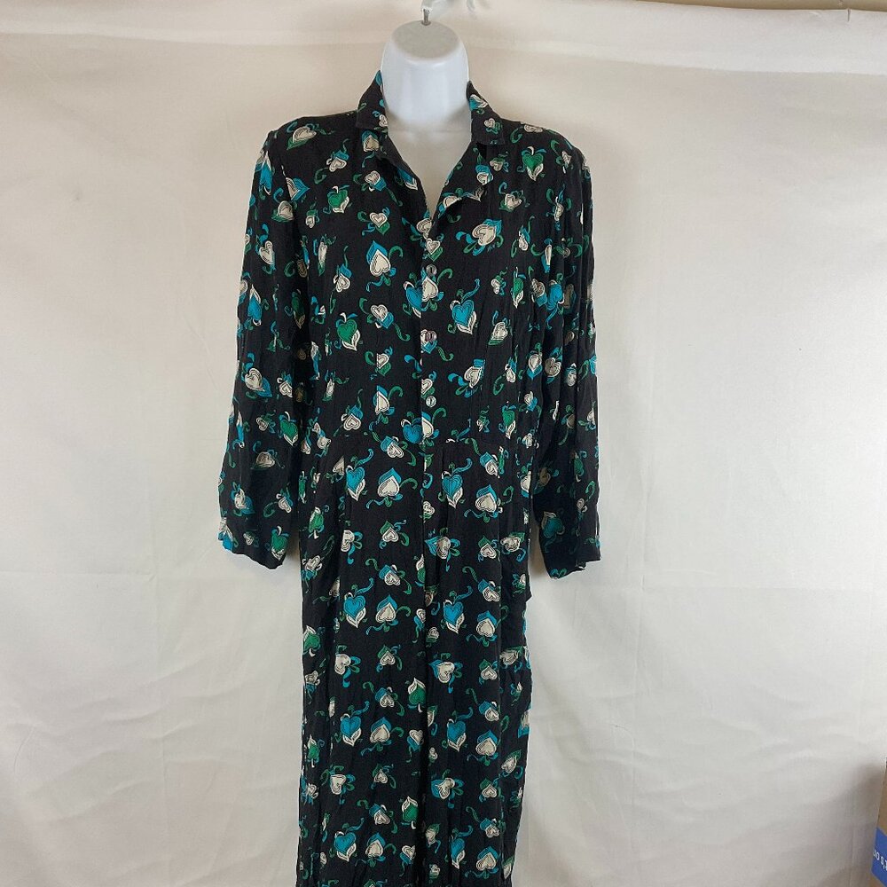 HVN Jumpsuit 8 Black Blue White Green Heart Print Half Button Long Sleeve Pocket